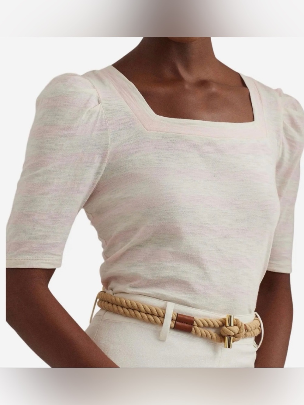 Ralph Lauren Square-Neck Short Sleeve Top in Soft Pink & Cream, size Medium NWT